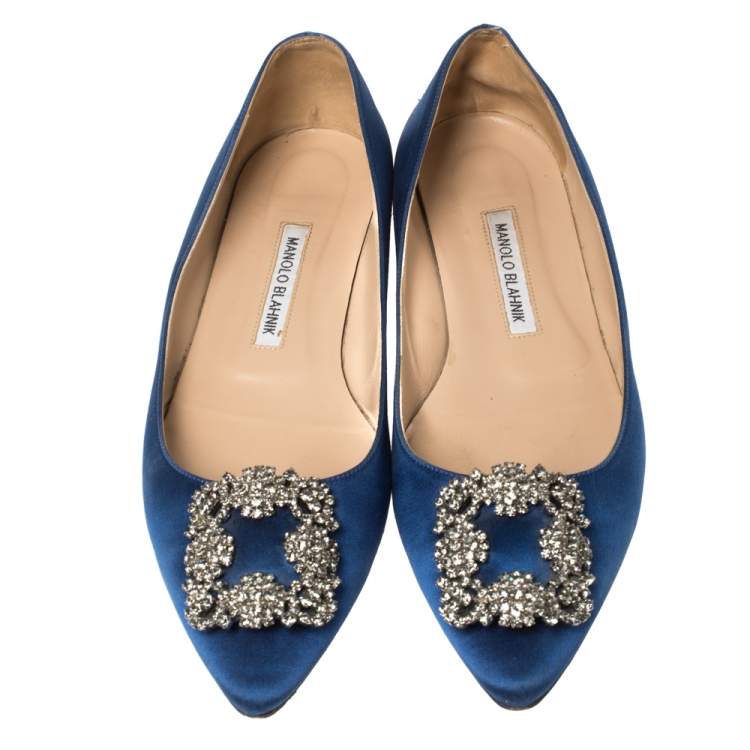 Pre Owned Manolo Blahnik Blue Satin Hangisi Crystal Embellished Ballet Flats Size 39