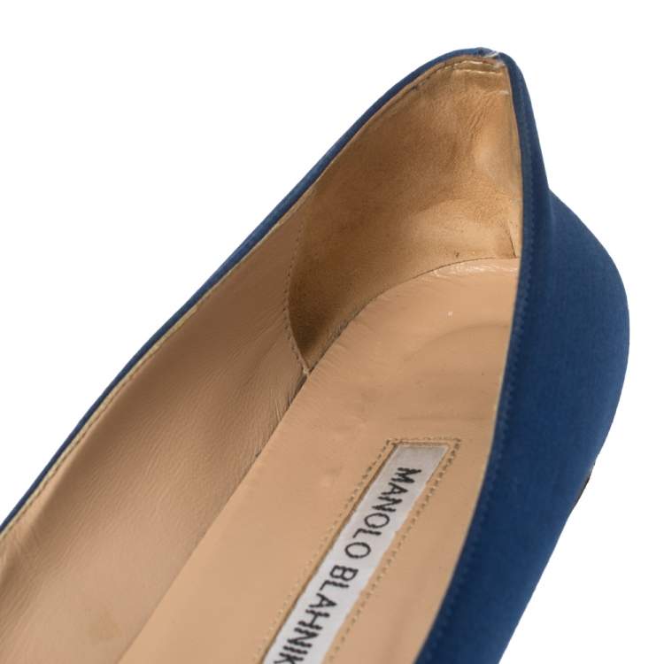 Pre Owned Manolo Blahnik Blue Satin Hangisi Crystal Embellished Ballet Flats Size 39