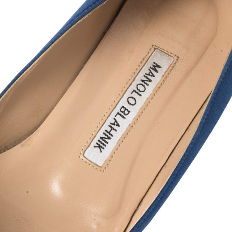 Pre Owned Manolo Blahnik Blue Satin Hangisi Crystal Embellished Ballet Flats Size 39