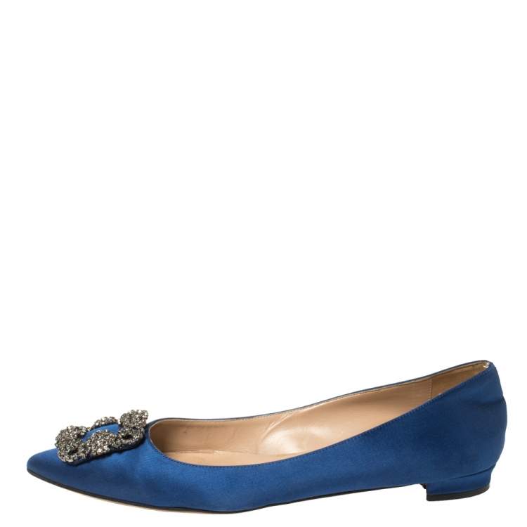 Pre Owned Manolo Blahnik Blue Satin Hangisi Crystal Embellished Ballet Flats Size 39
