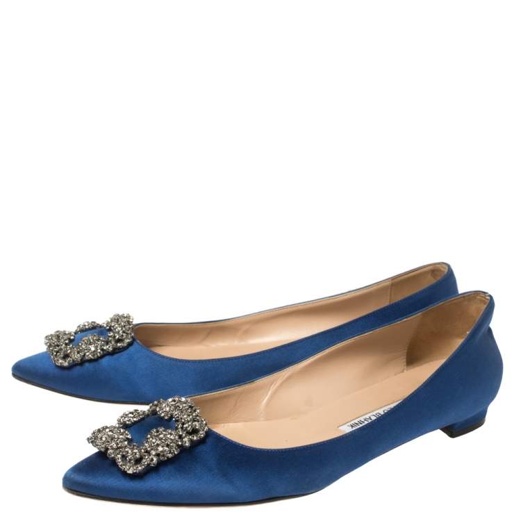 Pre Owned Manolo Blahnik Blue Satin Hangisi Crystal Embellished Ballet Flats Size 39