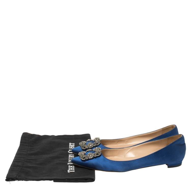 Pre Owned Manolo Blahnik Blue Satin Hangisi Crystal Embellished Ballet Flats Size 39