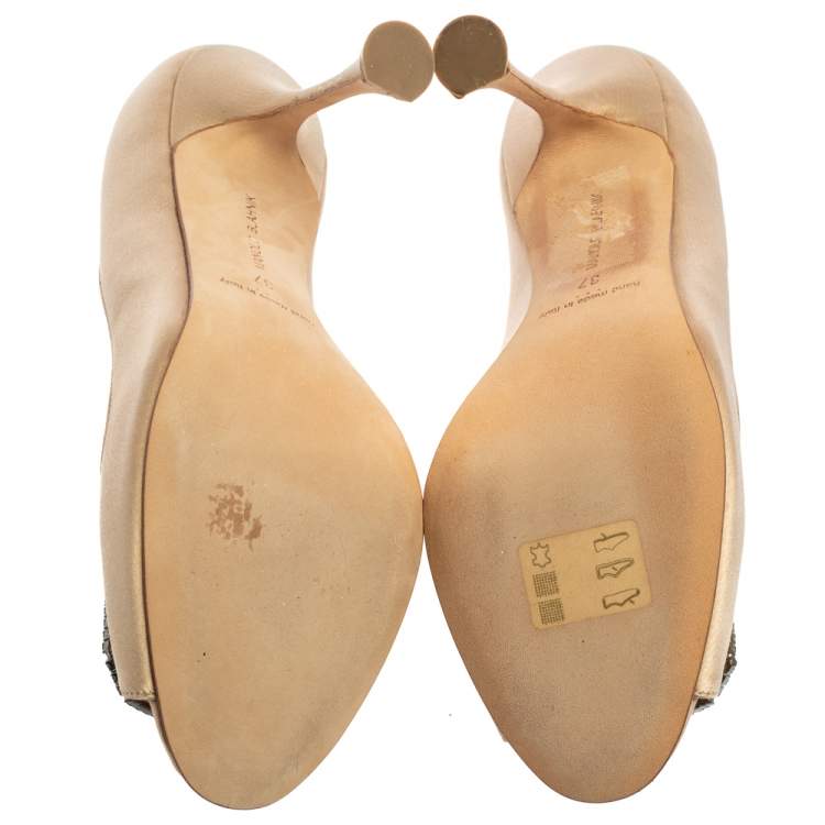 Pre Owned Manolo Blahnik Beige Satin Matik Peep Toe Pumps Size 37