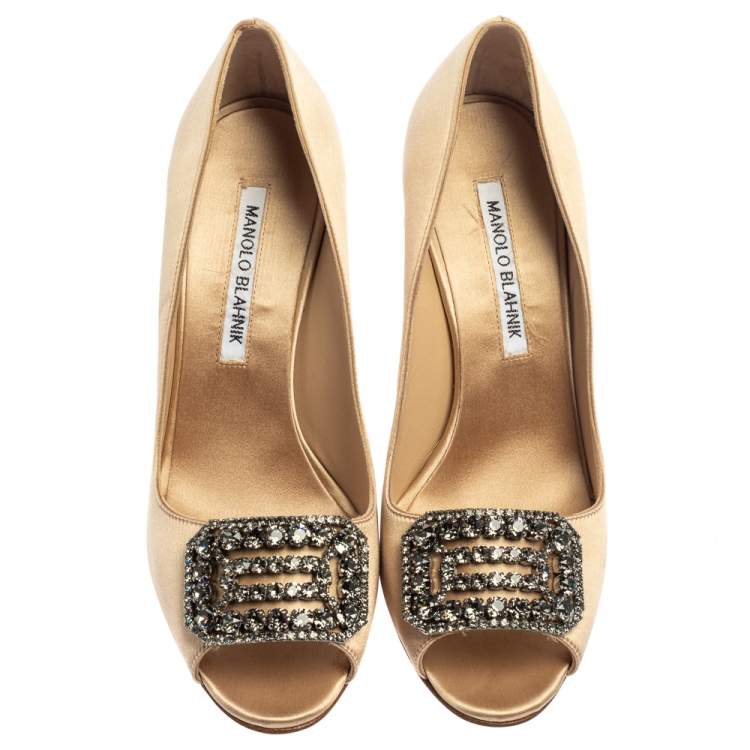 Pre Owned Manolo Blahnik Beige Satin Matik Peep Toe Pumps Size 37