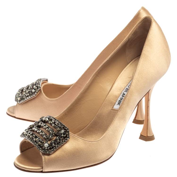 Pre Owned Manolo Blahnik Beige Satin Matik Peep Toe Pumps Size 37