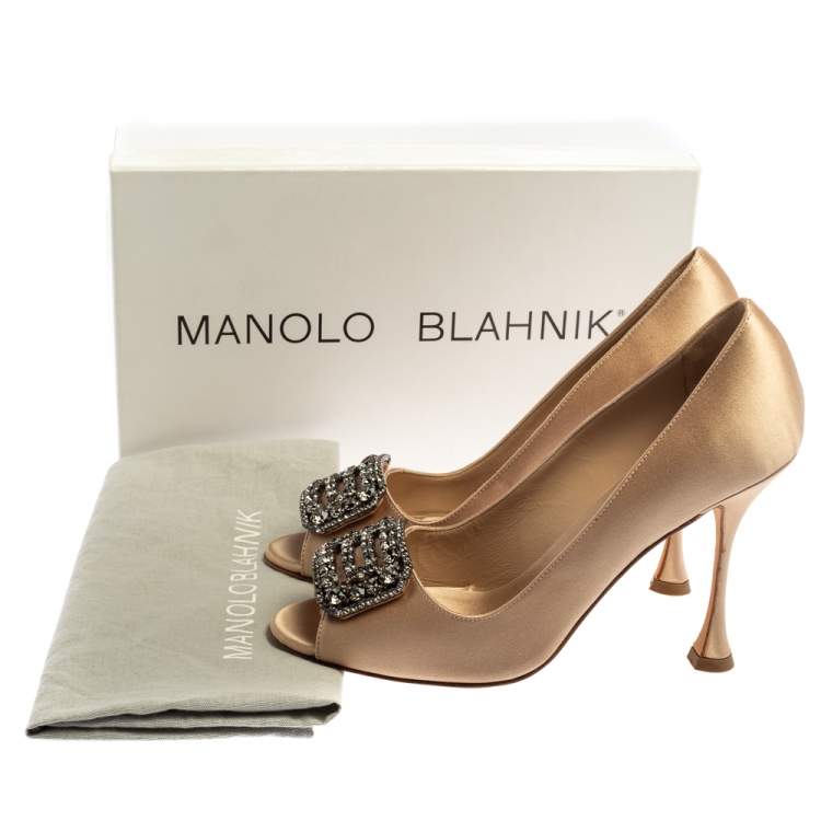 Pre Owned Manolo Blahnik Beige Satin Matik Peep Toe Pumps Size 37