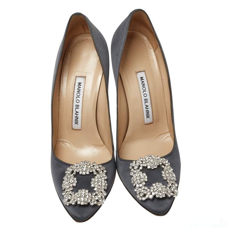Pre Owned Manolo Blahnik Dark Grey Satin Hangisi Pumps Size 36
