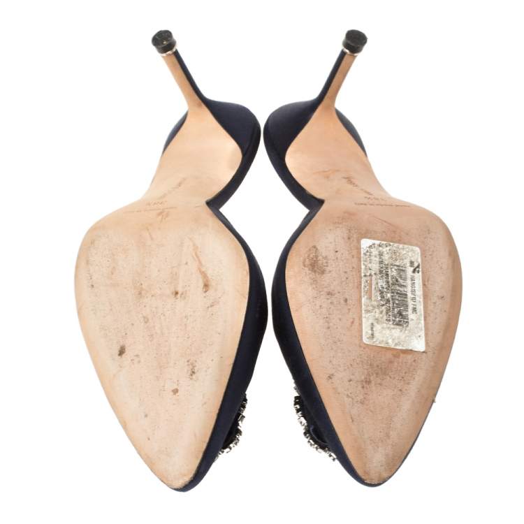 Pre Owned Manolo Blahnik Navy Blue Satin Hangisi Pointed Toe Mules Size 38.5