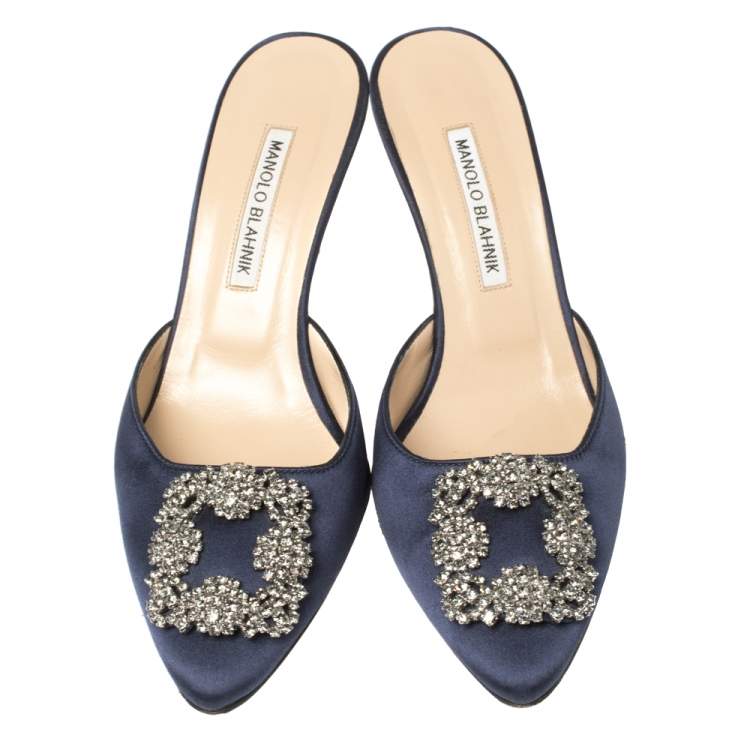 Pre Owned Manolo Blahnik Navy Blue Satin Hangisi Pointed Toe Mules Size 38.5