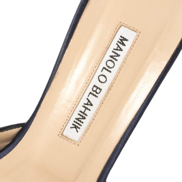 Pre Owned Manolo Blahnik Navy Blue Satin Hangisi Pointed Toe Mules Size 38.5
