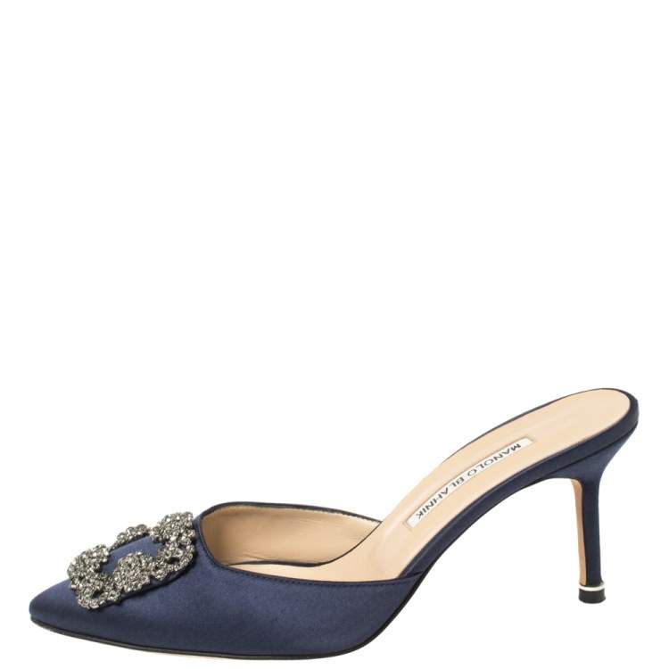 Pre Owned Manolo Blahnik Navy Blue Satin Hangisi Pointed Toe Mules Size 38.5