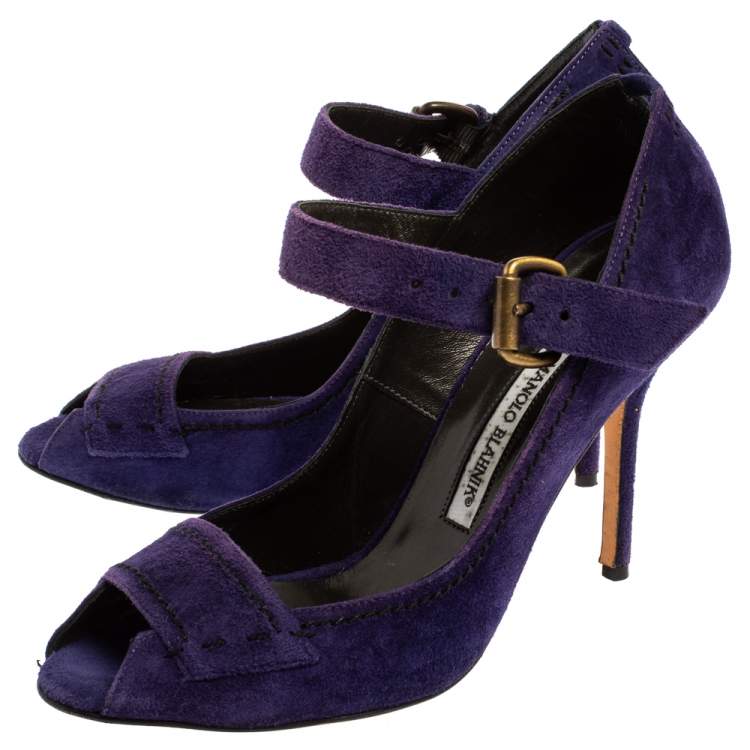 Pre Owned Manolo Blahnik Purple Suede Leather Open Toe Pumps Size 40.5