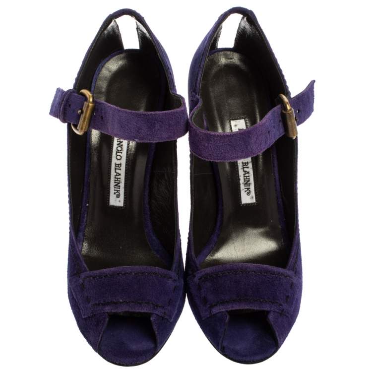Pre Owned Manolo Blahnik Purple Suede Leather Open Toe Pumps Size 40.5