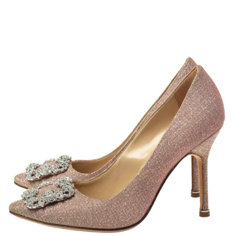 Pre Owned Manolo Blahnik Multicolor Glitter Fabric Hangisi Crystal Embellished Pointed Toe Pumps Size 37