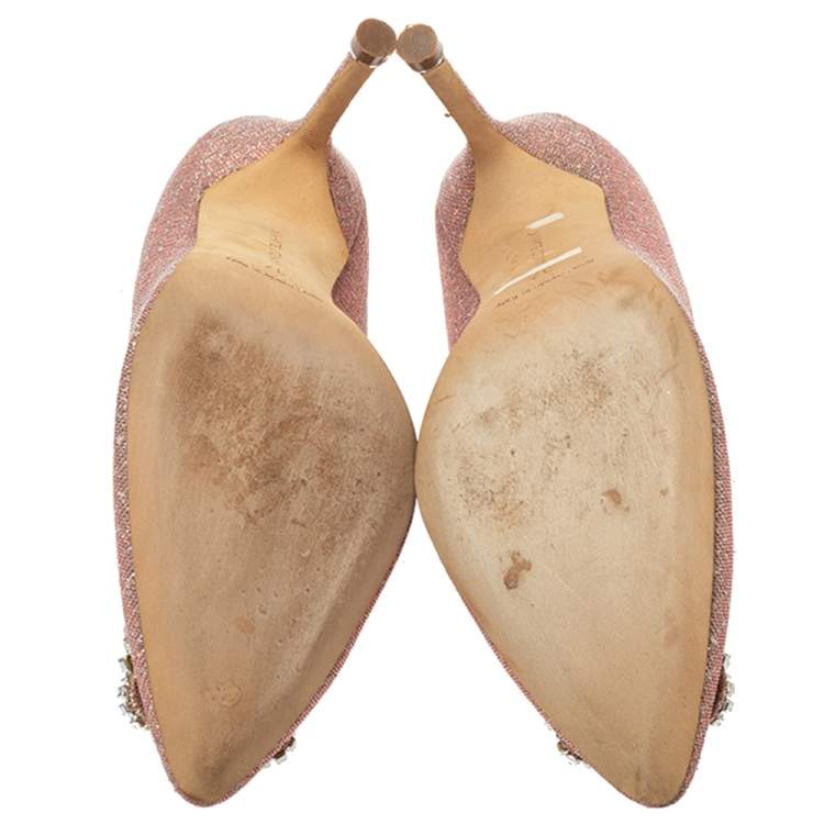 Pre Owned Manolo Blahnik Multicolor Glitter Fabric Hangisi Crystal Embellished Pointed Toe Pumps Size 37