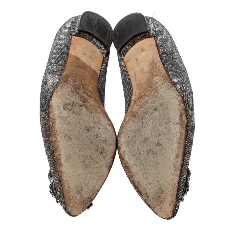Pre Owned Manolo Blahnik Metallic Grey Glitter Fabric Hangisi Crystal Embellishments Ballet Flats Size 36