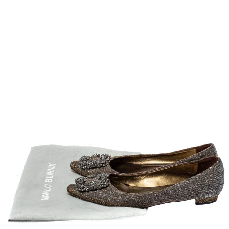 Pre Owned Manolo Blahnik Metallic Grey Glitter Fabric Hangisi Crystal Embellishments Ballet Flats Size 36
