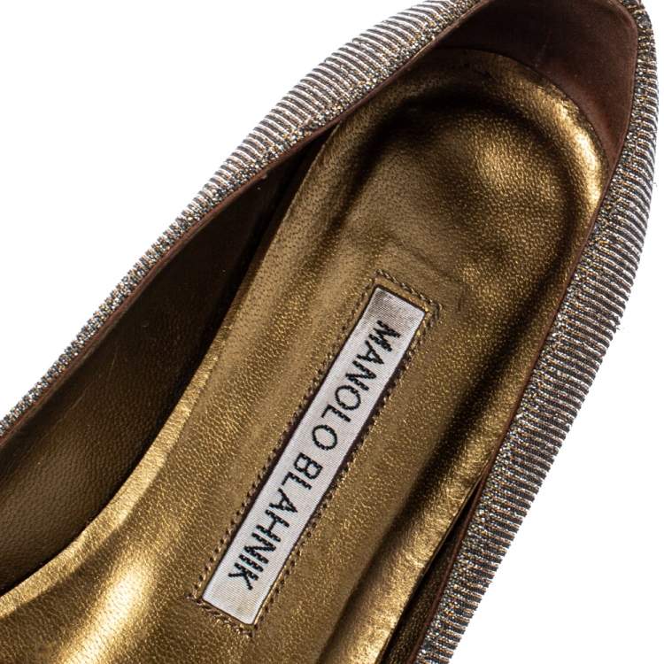 Pre Owned Manolo Blahnik Metallic Grey Glitter Fabric Hangisi Crystal Embellishments Ballet Flats Size 36