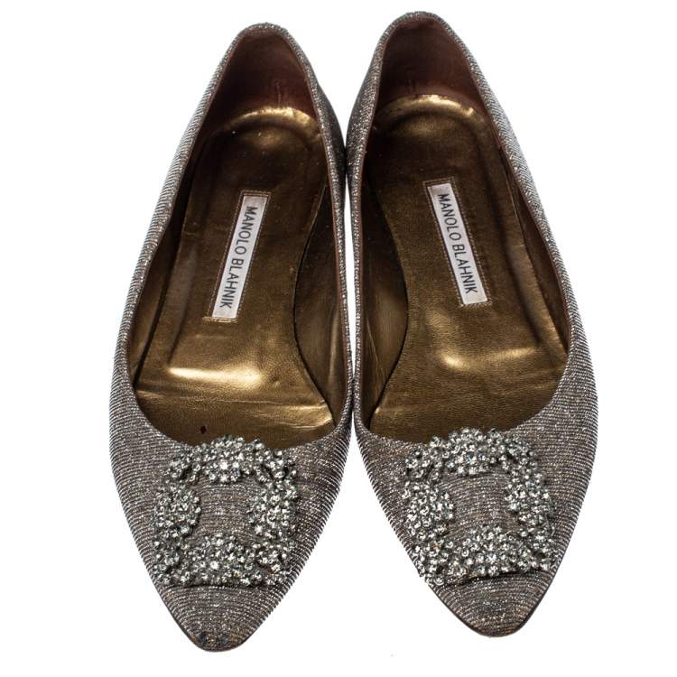 Pre Owned Manolo Blahnik Metallic Grey Glitter Fabric Hangisi Crystal Embellishments Ballet Flats Size 36
