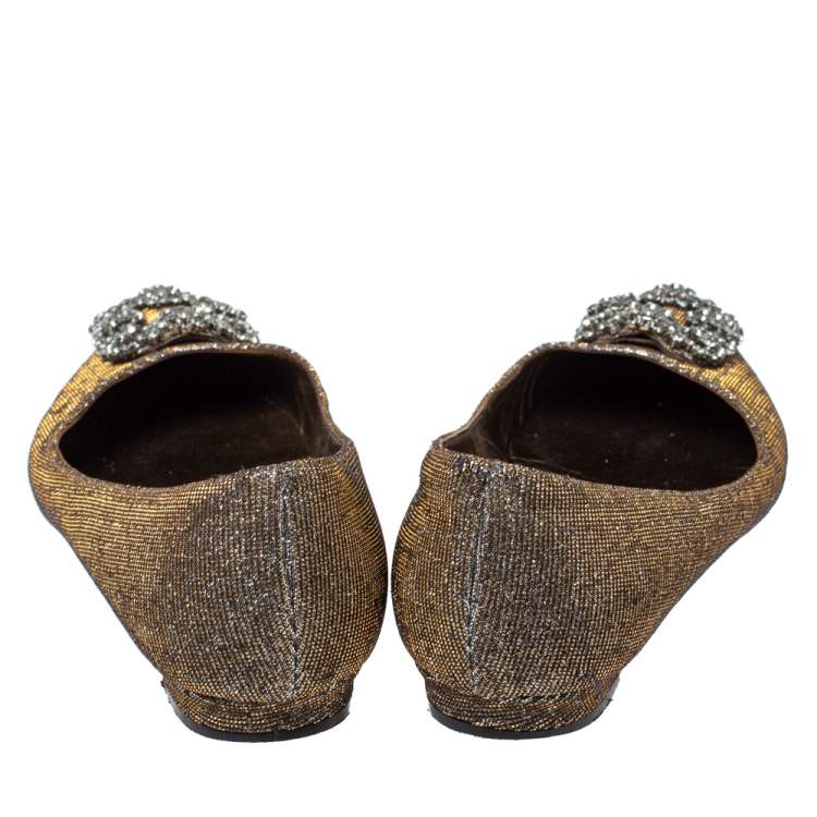 Pre Owned Manolo Blahnik Metallic Grey Glitter Fabric Hangisi Crystal Embellishments Ballet Flats Size 36