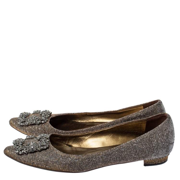 Pre Owned Manolo Blahnik Metallic Grey Glitter Fabric Hangisi Crystal Embellishments Ballet Flats Size 36
