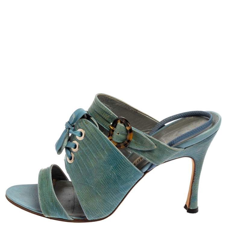 Pre Owned Manolo Blahnik Turquoise Lizard Corset Slingback Open Toe Sandals Size 40