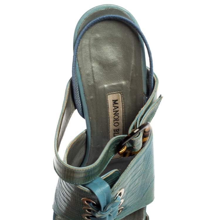 Pre Owned Manolo Blahnik Turquoise Lizard Corset Slingback Open Toe Sandals Size 40