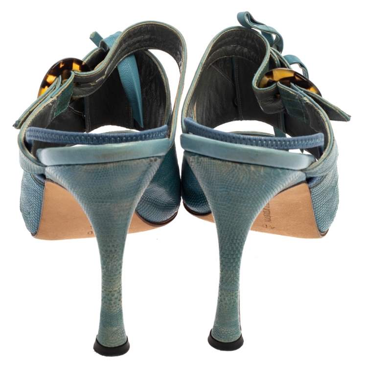 Pre Owned Manolo Blahnik Turquoise Lizard Corset Slingback Open Toe Sandals Size 40