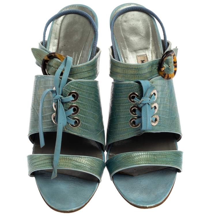 Pre Owned Manolo Blahnik Turquoise Lizard Corset Slingback Open Toe Sandals Size 40