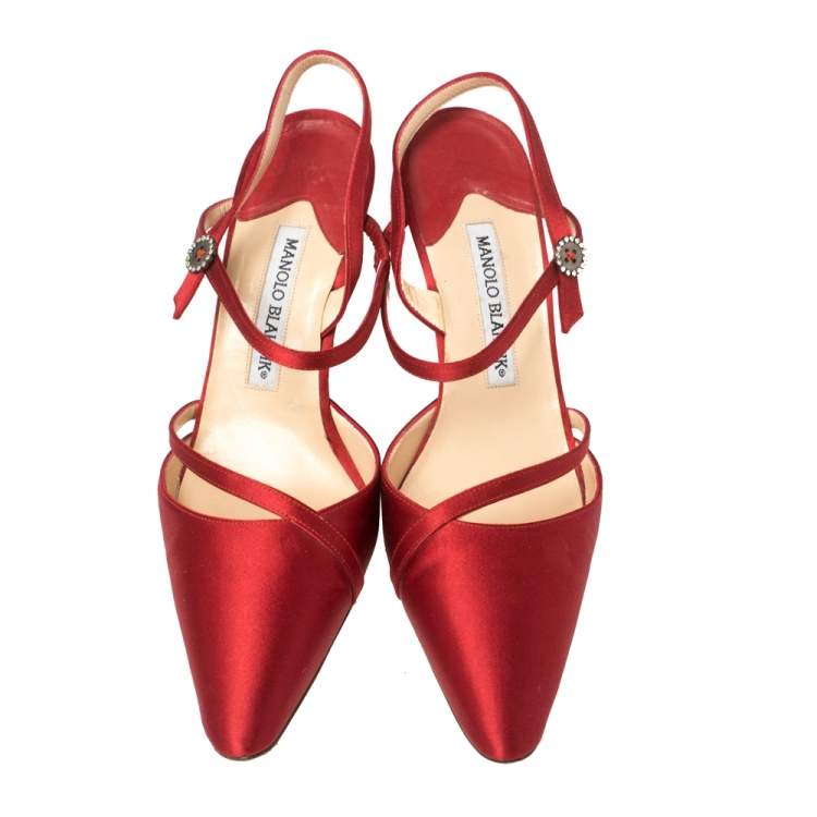 Pre Owned Manolo Blahnik Red Satin Ankle Strap Sandals Size 37