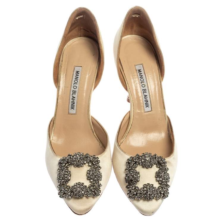 Pre Owned Manolo Blahnik White Satin Hangisi Crystal Embellished  D' Orsay Pumps Size 36