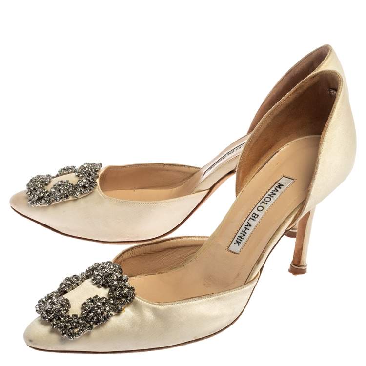 Pre Owned Manolo Blahnik White Satin Hangisi Crystal Embellished  D' Orsay Pumps Size 36