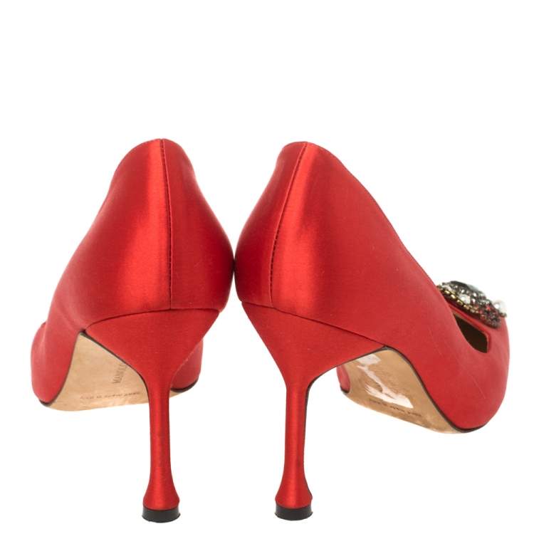 Pre Owned Manolo Blahnik Red Satin Crystal Embellished Leona Pumps Size 37.5