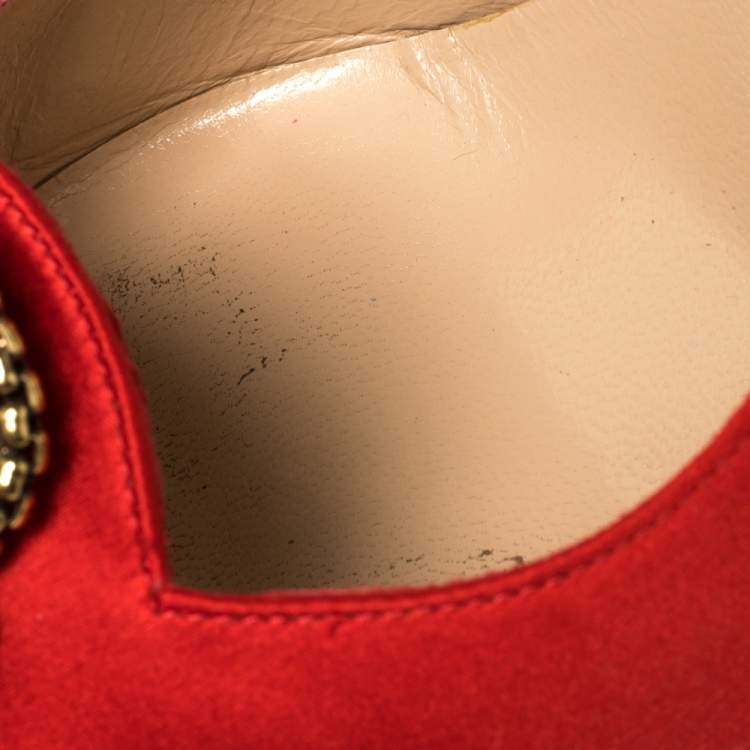 Pre Owned Manolo Blahnik Red Satin Crystal Embellished Leona Pumps Size 37.5