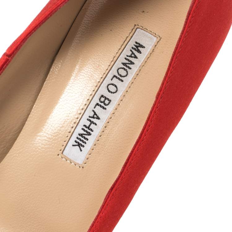 Pre Owned Manolo Blahnik Red Satin Crystal Embellished Leona Pumps Size 37.5