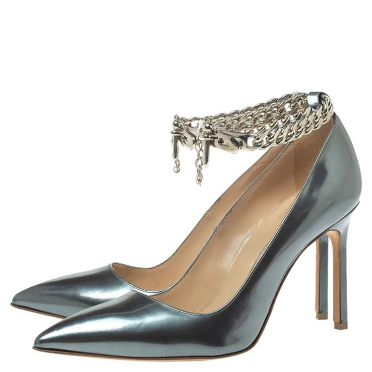 Pre Owned Manolo Blahnik Grey Metallic Leather Chain Link Pointed Toe Pumps Size 37