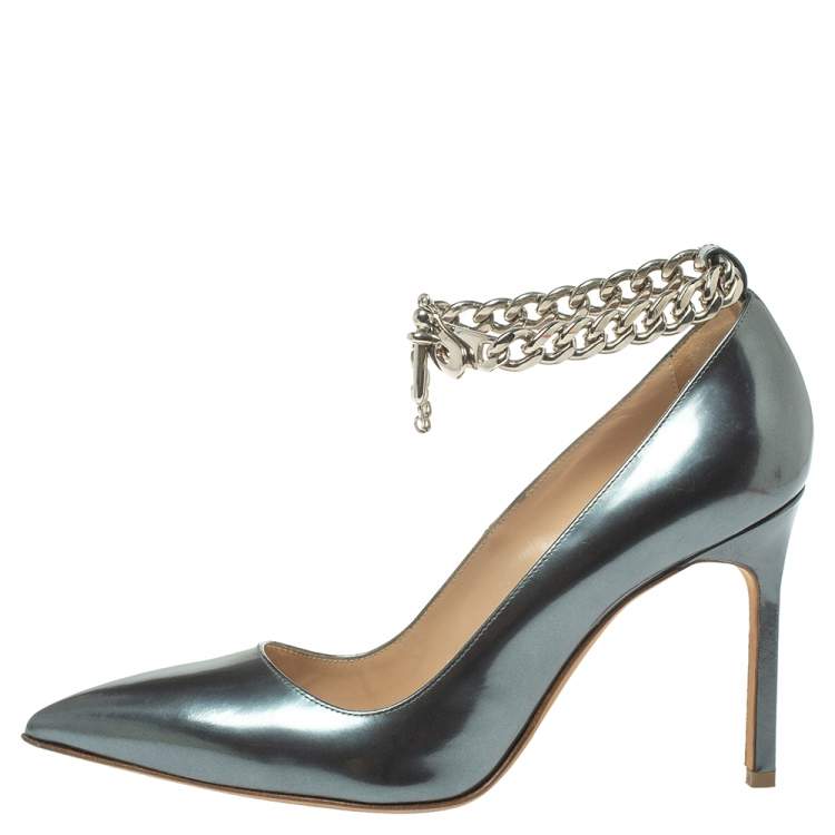 Pre Owned Manolo Blahnik Grey Metallic Leather Chain Link Pointed Toe Pumps Size 37
