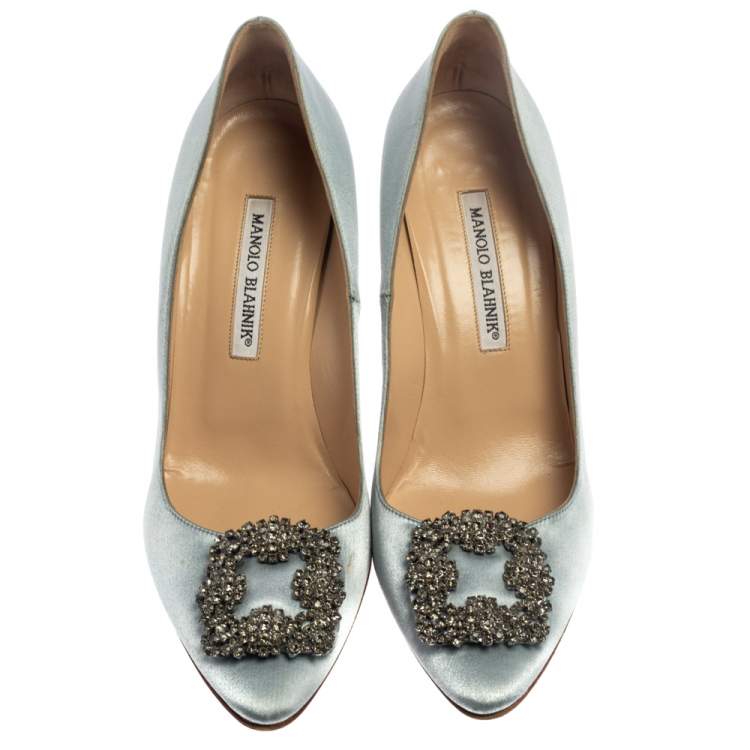 Pre Owned Manolo Blahnik Blue Satin Hangisi Crystal Embellished Pointed Toe Pumps Size 39