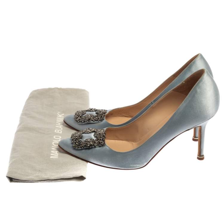 Pre Owned Manolo Blahnik Blue Satin Hangisi Crystal Embellished Pointed Toe Pumps Size 39