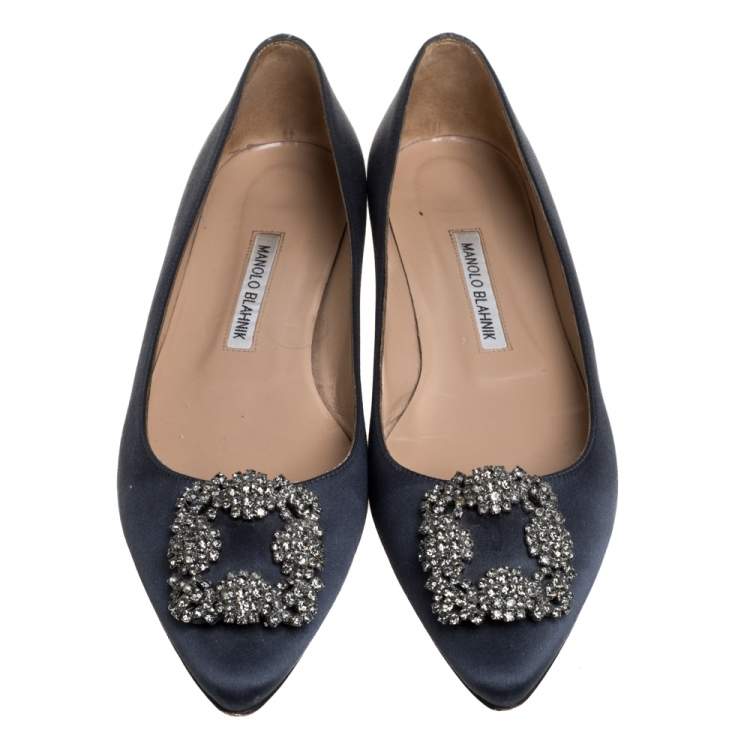 Pre Owned Manolo Blahnik Grey Satin Hangisi Embellished Ballet Flats Size 39.5