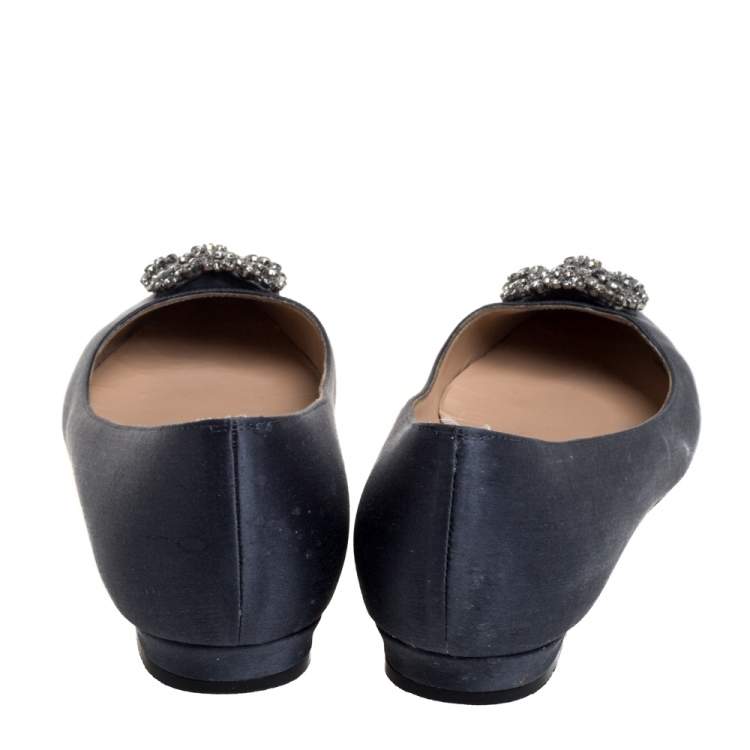 Pre Owned Manolo Blahnik Grey Satin Hangisi Embellished Ballet Flats Size 39.5