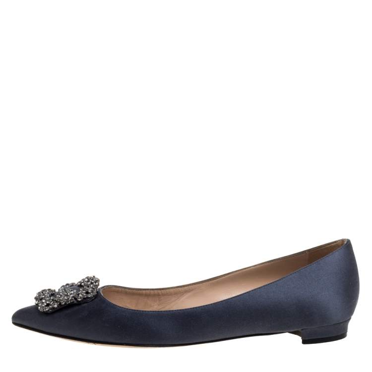 Pre Owned Manolo Blahnik Grey Satin Hangisi Embellished Ballet Flats Size 39.5