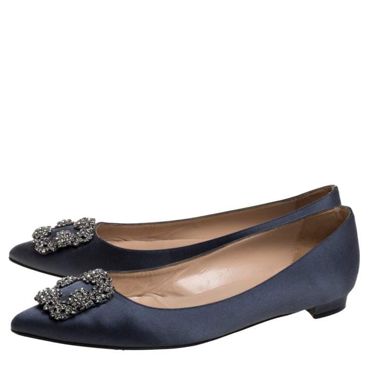 Pre Owned Manolo Blahnik Grey Satin Hangisi Embellished Ballet Flats Size 39.5
