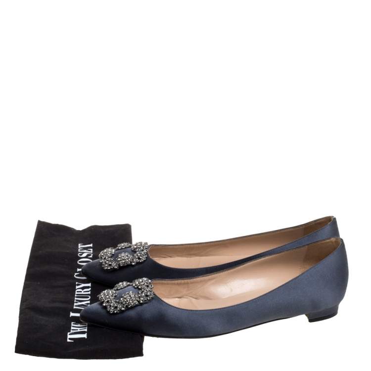 Pre Owned Manolo Blahnik Grey Satin Hangisi Embellished Ballet Flats Size 39.5