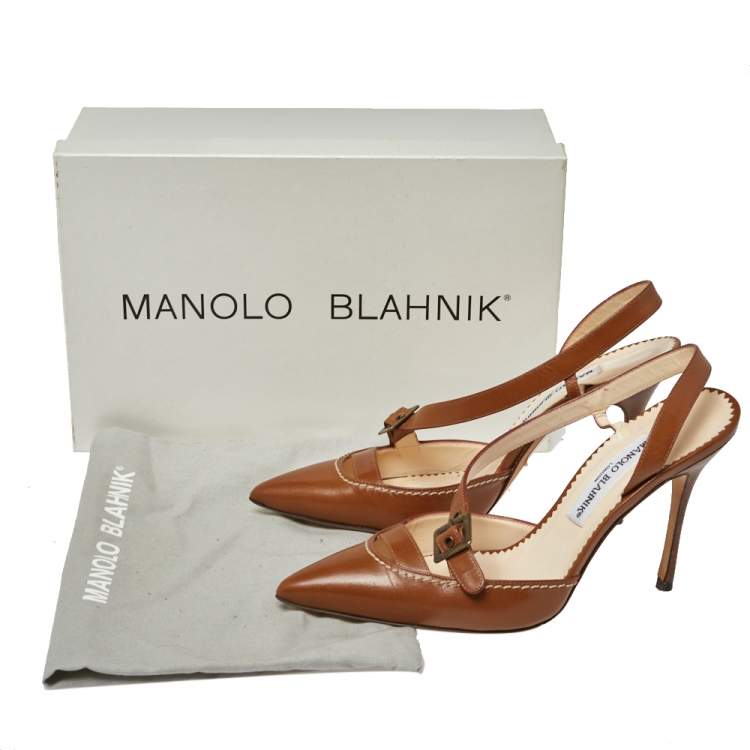 Pre Owned Manolo Blahnik Tan Leather Buckle Strap Pointed Toe Sandals Size 37