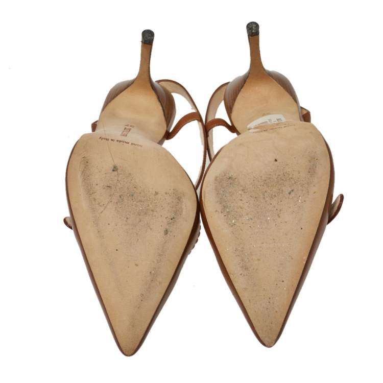Pre Owned Manolo Blahnik Tan Leather Buckle Strap Pointed Toe Sandals Size 37