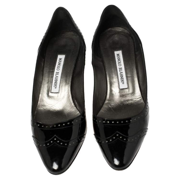Pre Owned Manolo Blahnik Black Brogue Patent Leather Kitten Heel Pumps Size 37.5