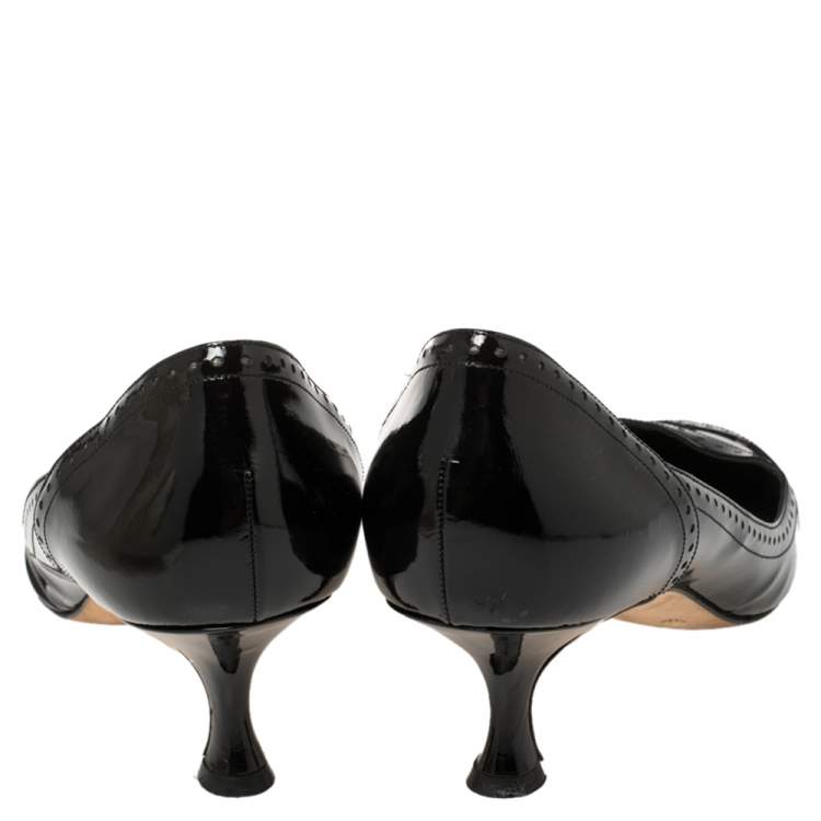 Pre Owned Manolo Blahnik Black Brogue Patent Leather Kitten Heel Pumps Size 37.5