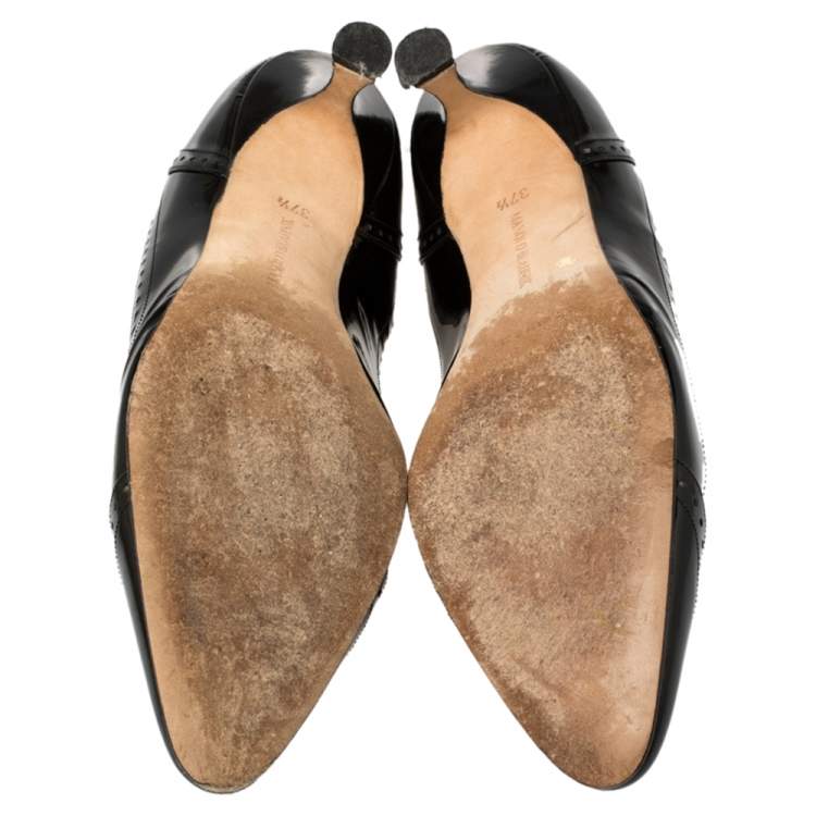 Pre Owned Manolo Blahnik Black Brogue Patent Leather Kitten Heel Pumps Size 37.5