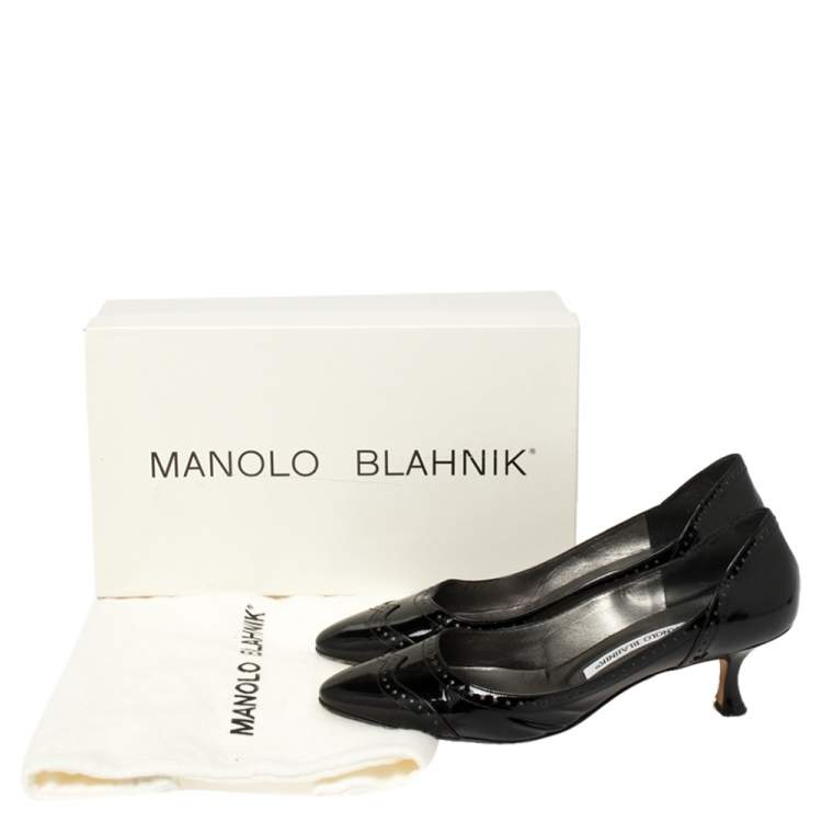 Pre Owned Manolo Blahnik Black Brogue Patent Leather Kitten Heel Pumps Size 37.5
